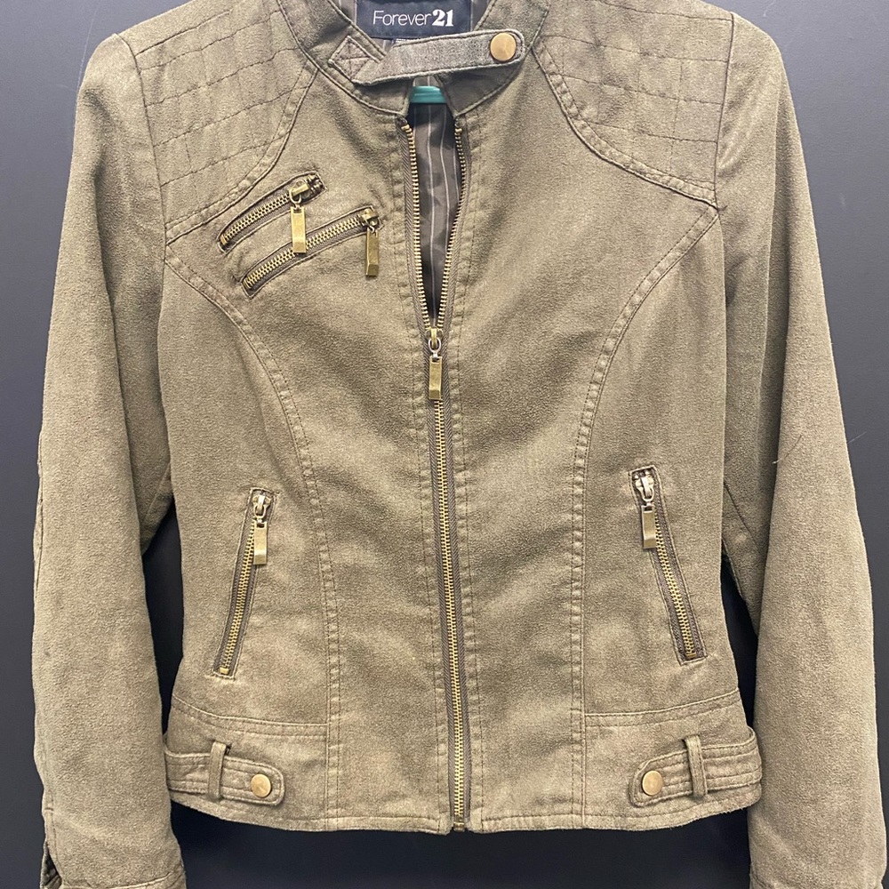 Cute light weight, green jacket with gold zippers and buttons.